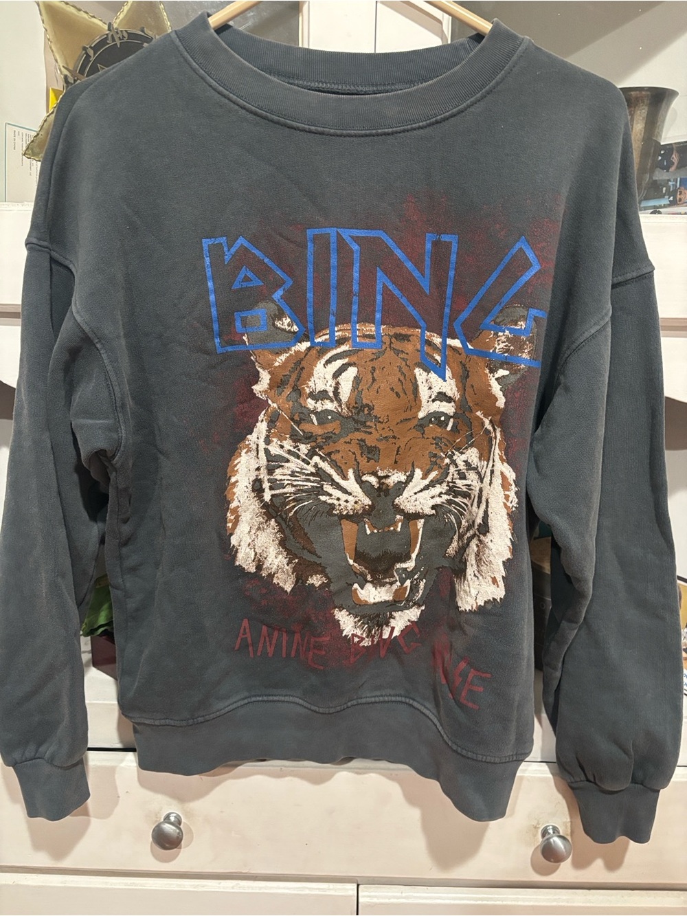 Anine Bing Crewneck with Tiger Graphic and Blue Logo